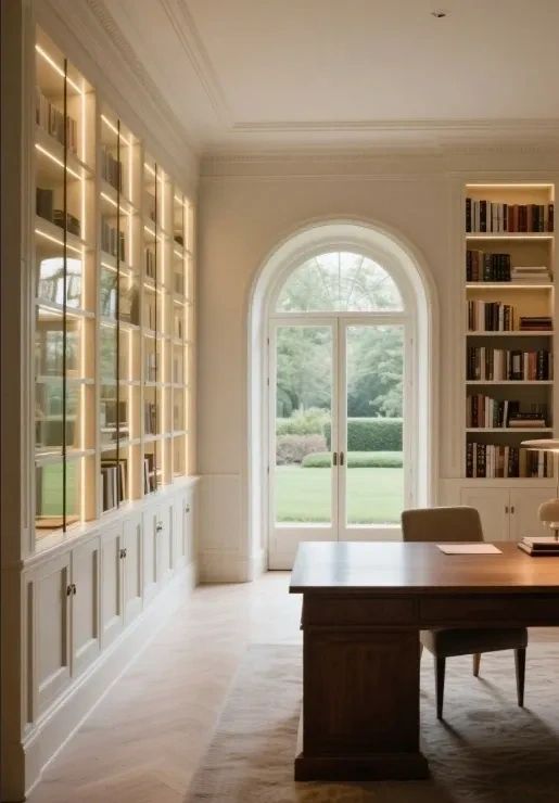 Sophisticated home office with built-in shelves