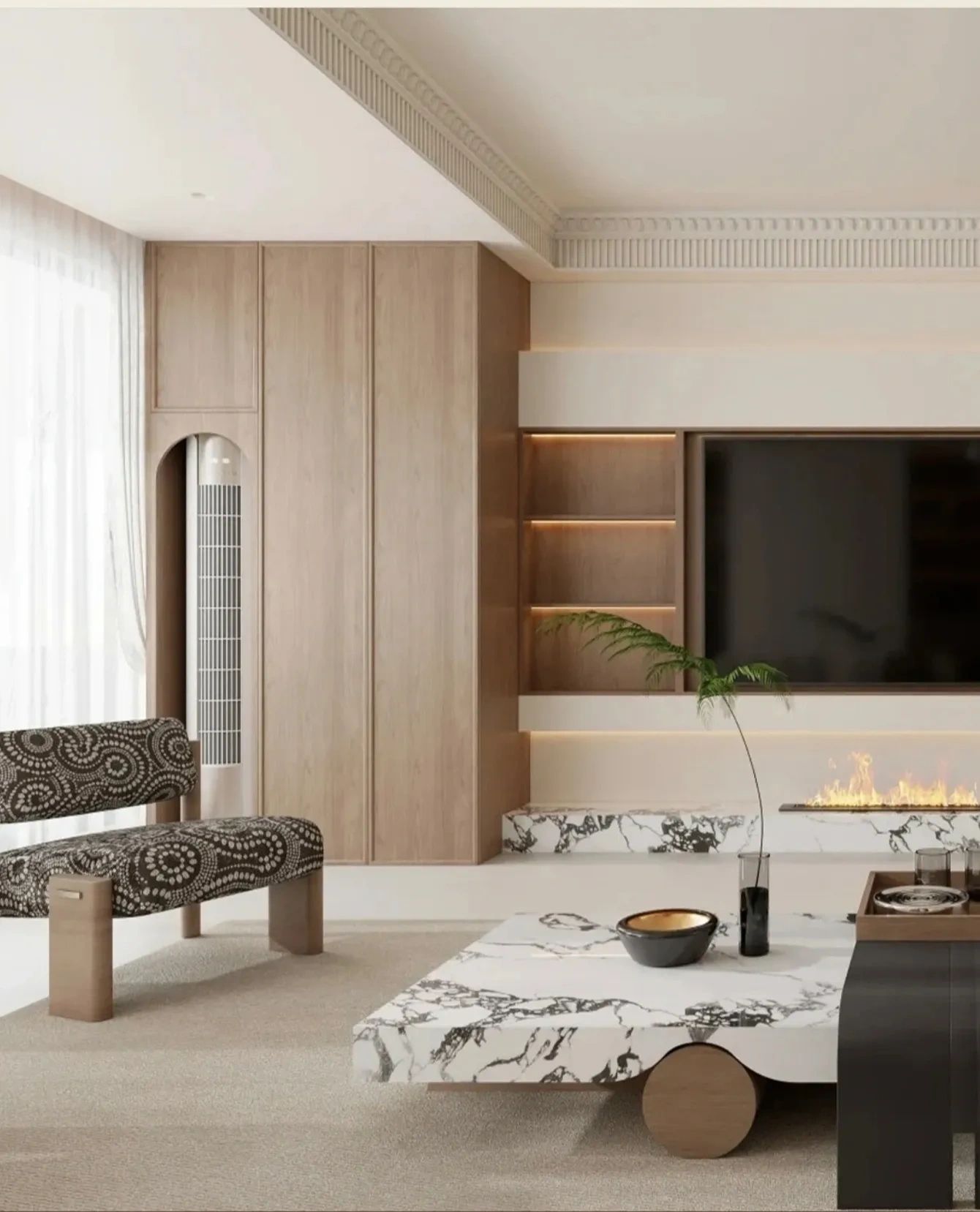 Modern living room with wood cabinetry